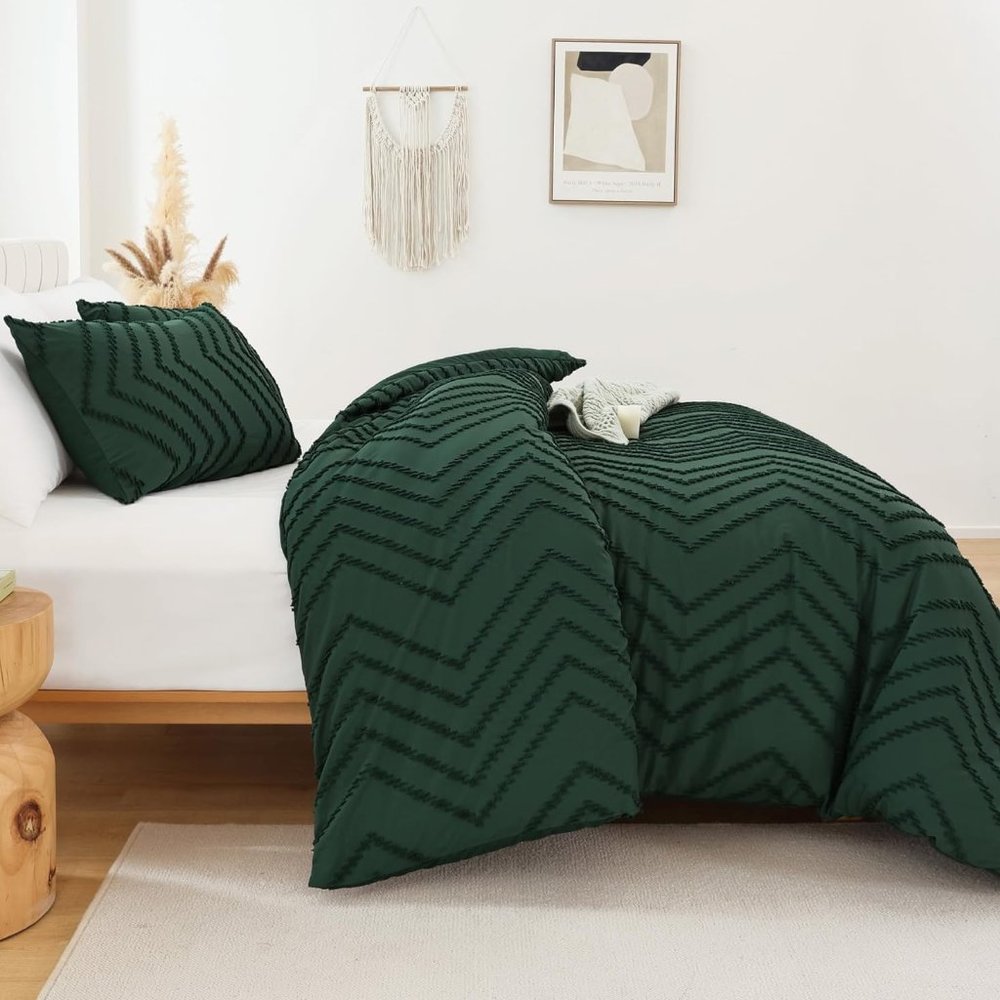 Forest Green Chevron Boho Textured Twin Size Bed Comforter Set Bedding Dark Pine